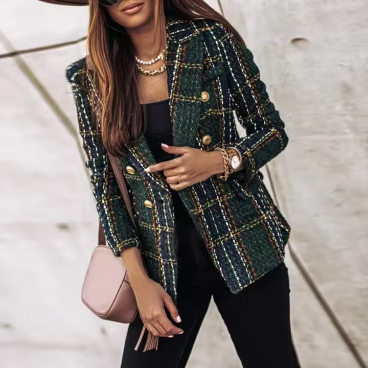 Elegancki wzorzysty damski blazer ze złotymi guzikami