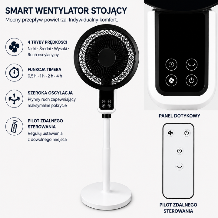 Regulowany wentylator stojący z oscylacją 3D