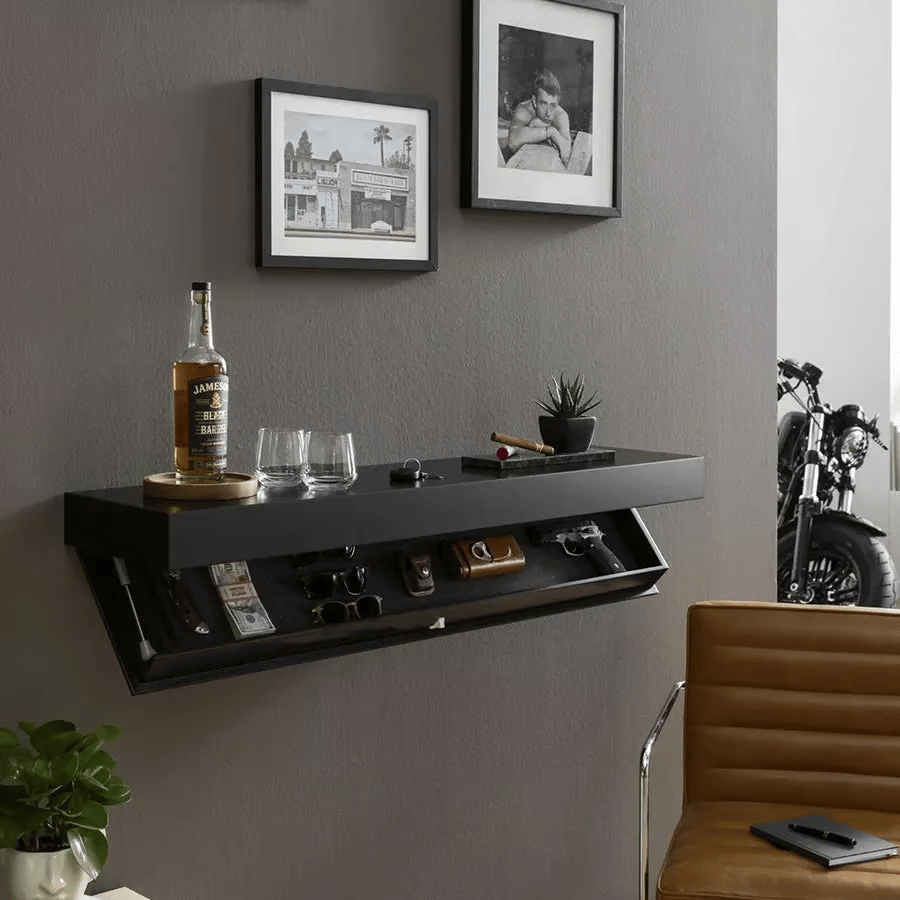 Półka ścienna z litego drewna z ukrytą szufladką | minimalistyczny design