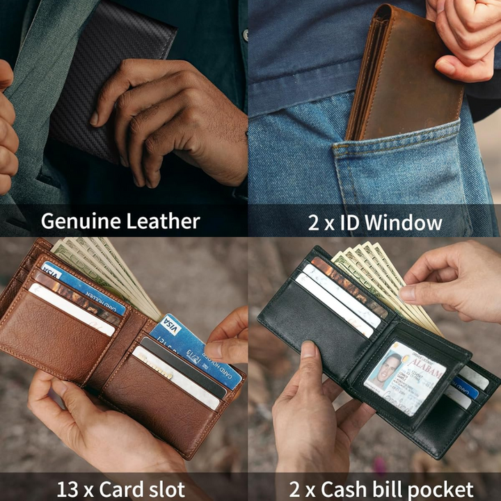 Męski portfel bifold z prawdziwej skóry z ochroną RFID