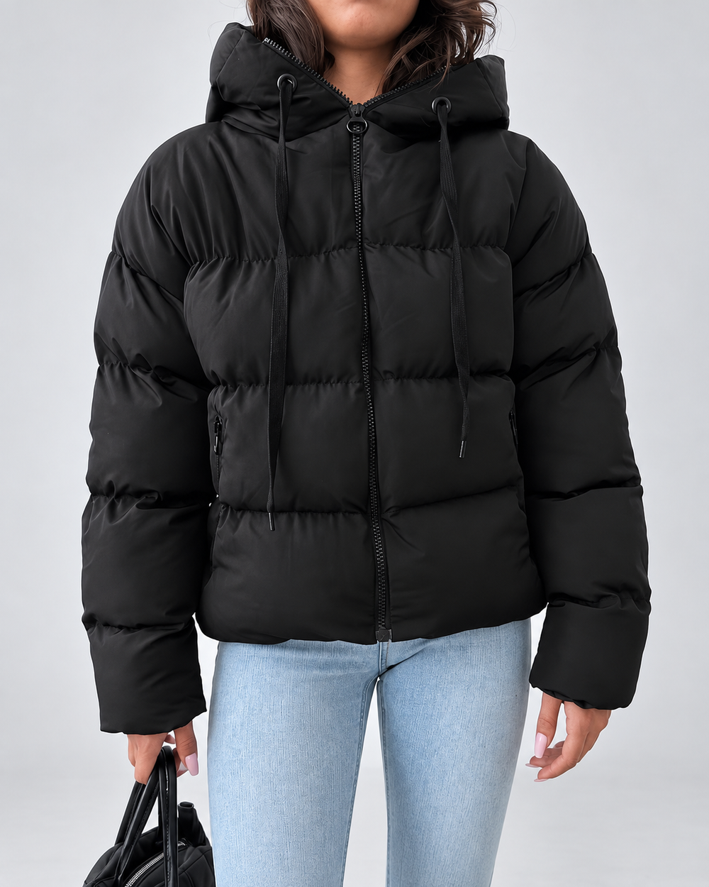 Damska oversize'owa pikowana kurtka puffer z kapturem i zamkiem